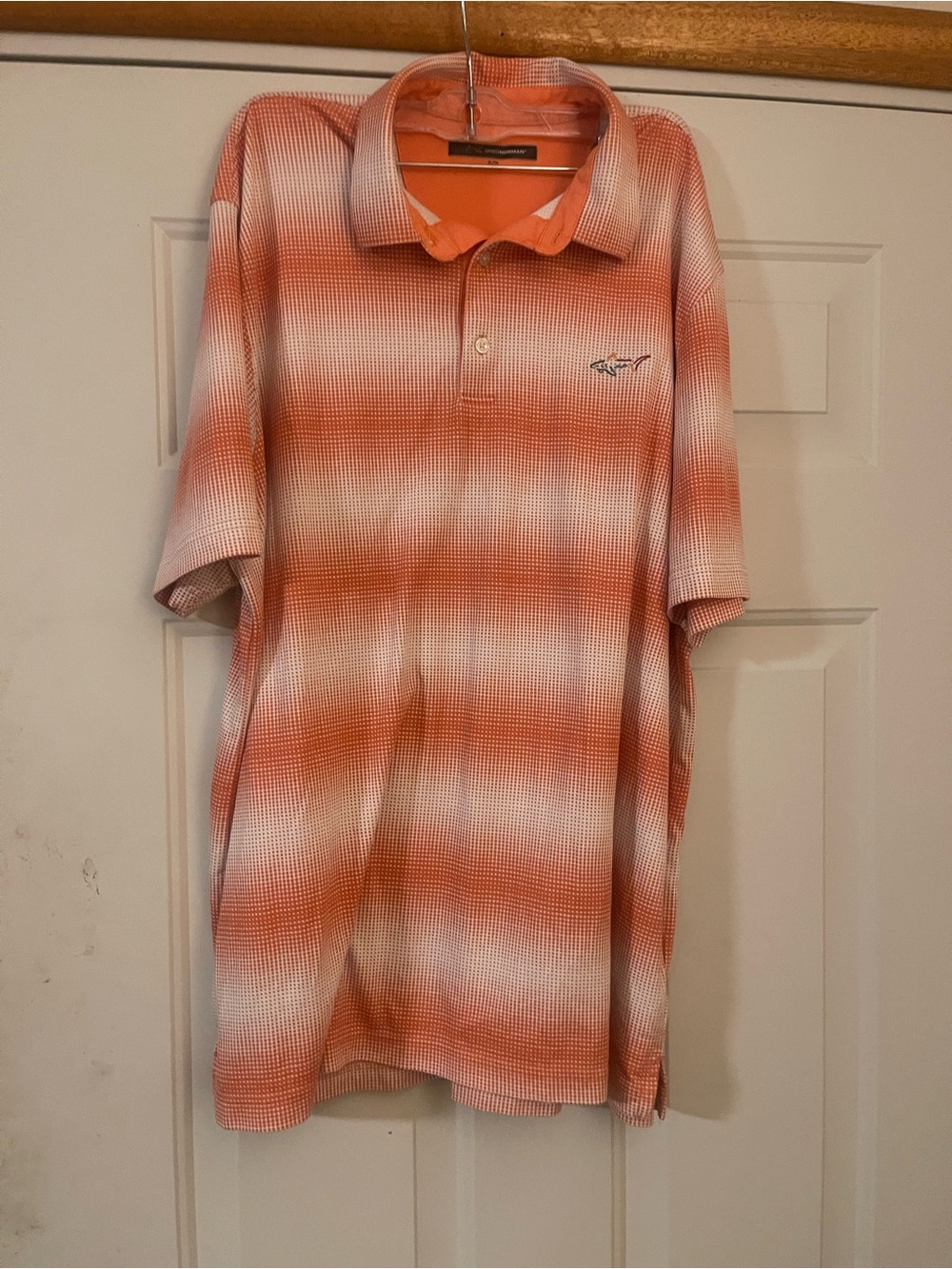 Greg Norman Men's XL Orange/White Striped Logo Polo Shirt Short Sleeve Button